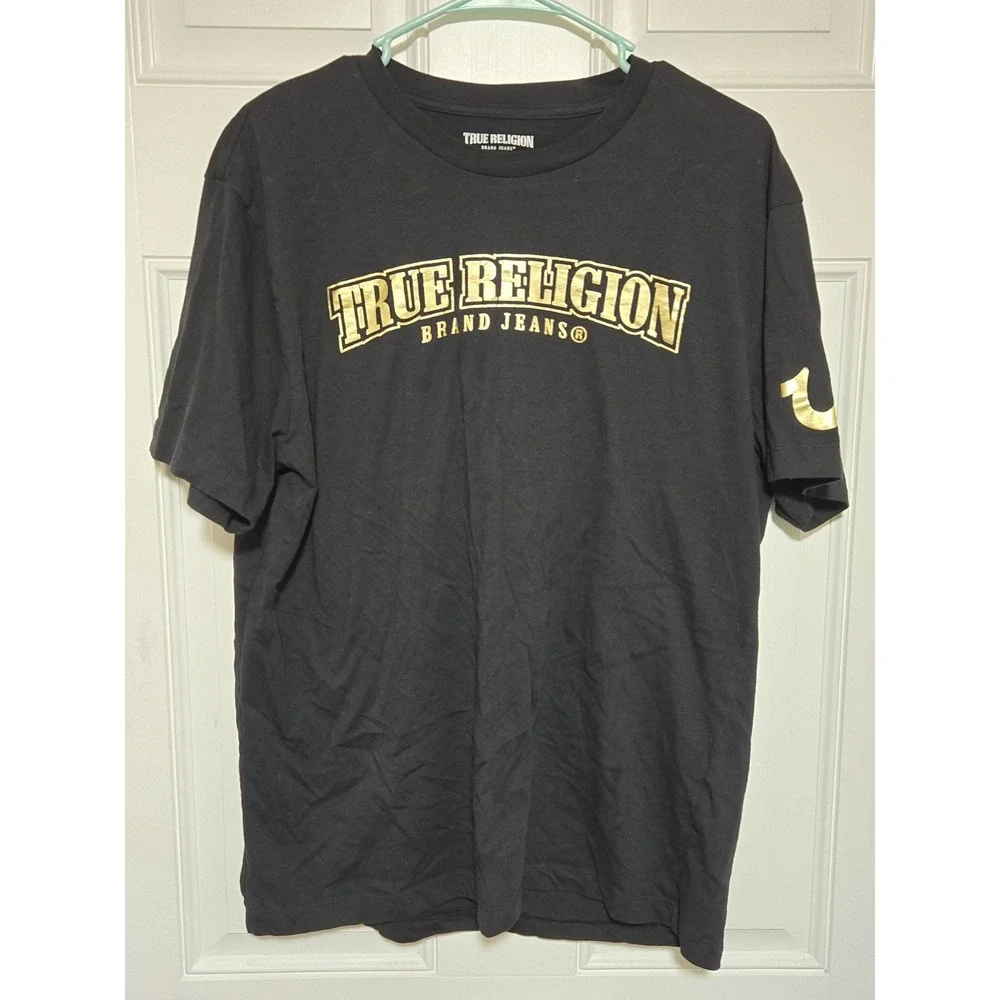 True Religion Brand Jeans Shirt Mens Sz XL‎ Black Gold Logo Short Sleeve